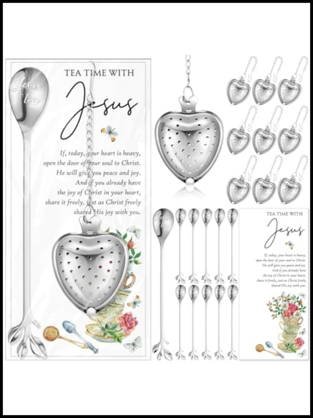 Stainless Steel Jesus Tea Spoons Heart Infusers Prayer Cards Set of 60